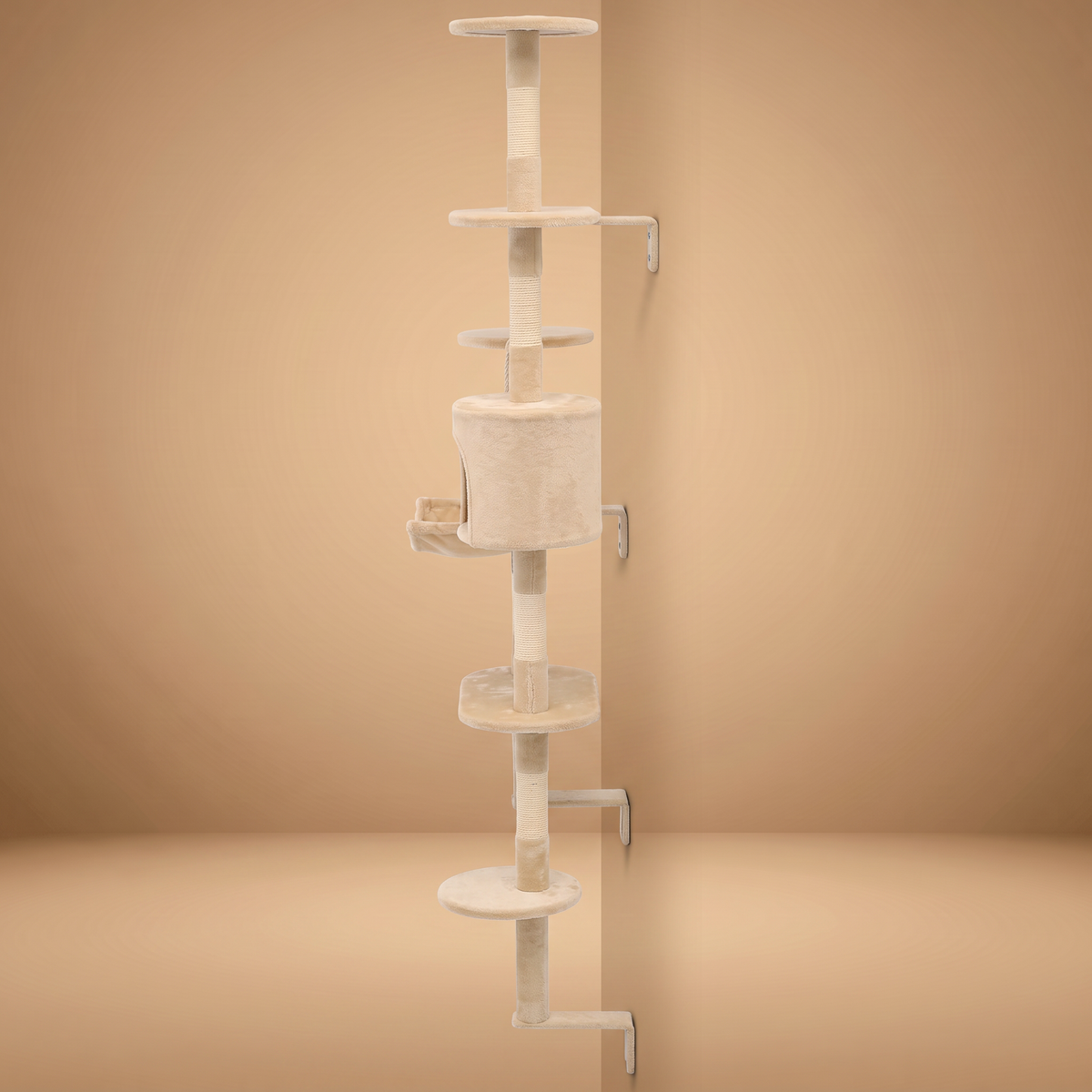 Arbre à chat mural 194 cm, beige, fixé au mur, hamac