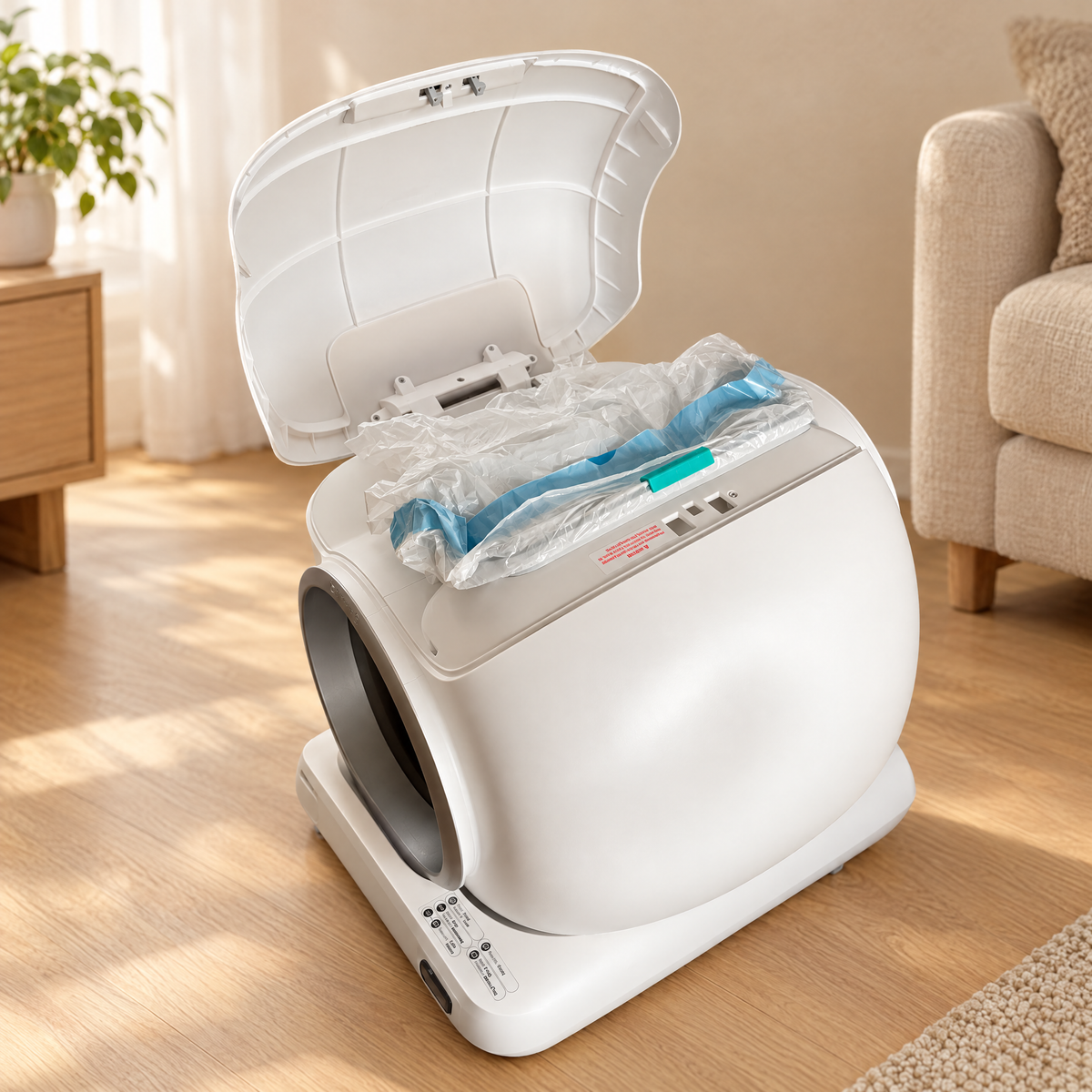 Litière autonettoyante 65 L couvercle ouvert, bac à déchets avec sac en place