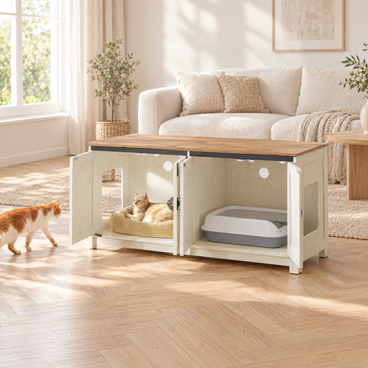 Meuble cache-litière ouvert : bac à litière d'un côté, couchage de l'autre