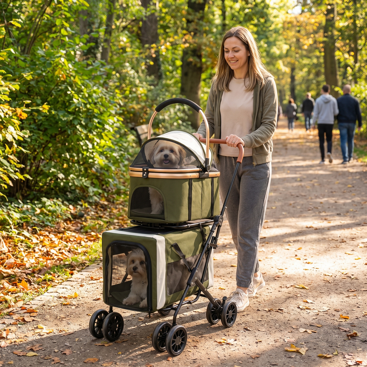Poussette pliable 2 niveaux en promenade, coloris vert armée