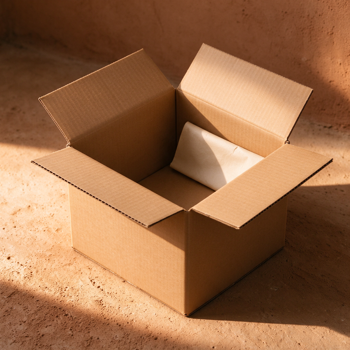 Carton kraft ouvert et vide, papier de calage plié