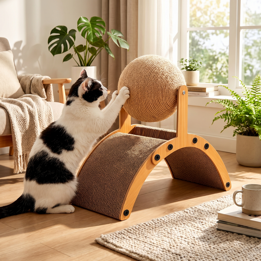 Griffoir arqué en bois et carton ondulé, boule en sisal rotative