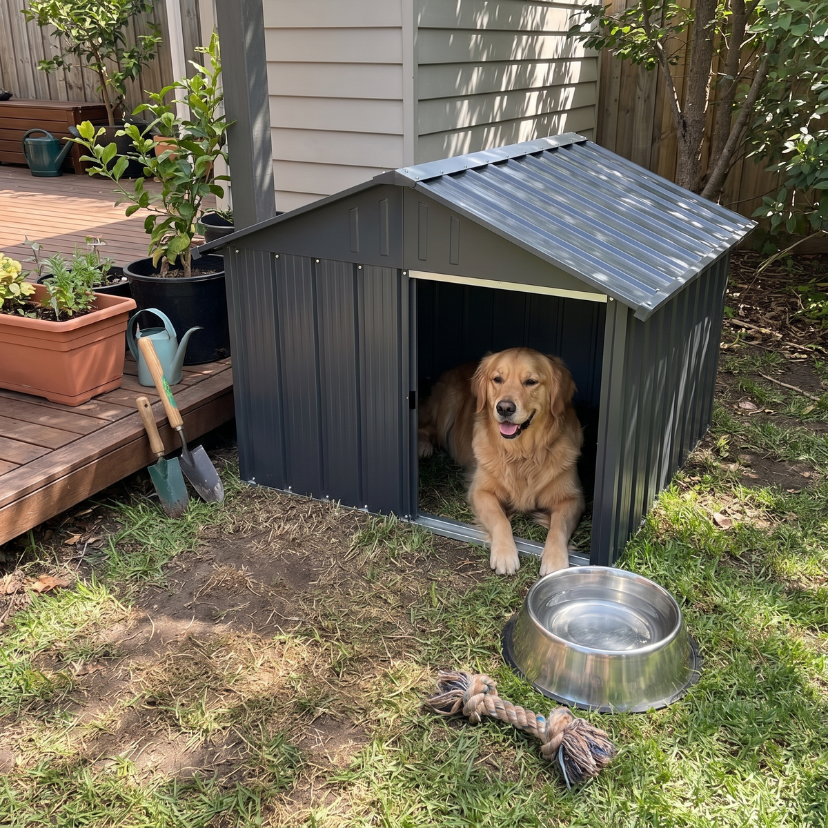 Chenil d'extérieur en acier galvanisé anthracite installé dans un jardin, chien couché à l'intérieur