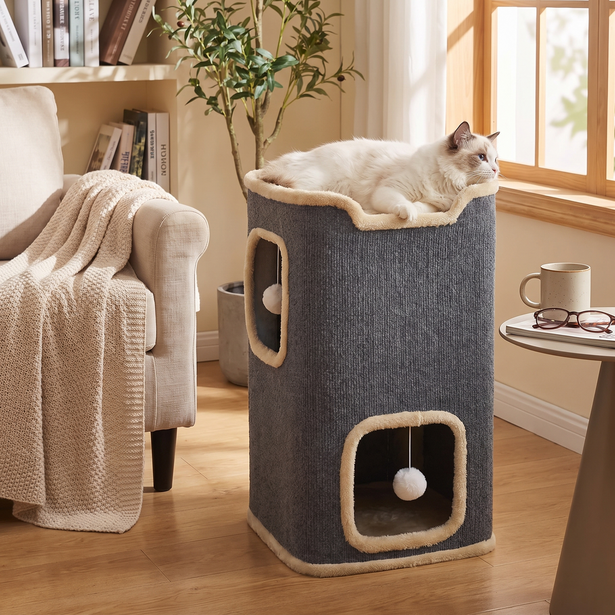 Cube-cachette à griffer pour chat — deux niches et couchage en hauteur, 60 cm, gris