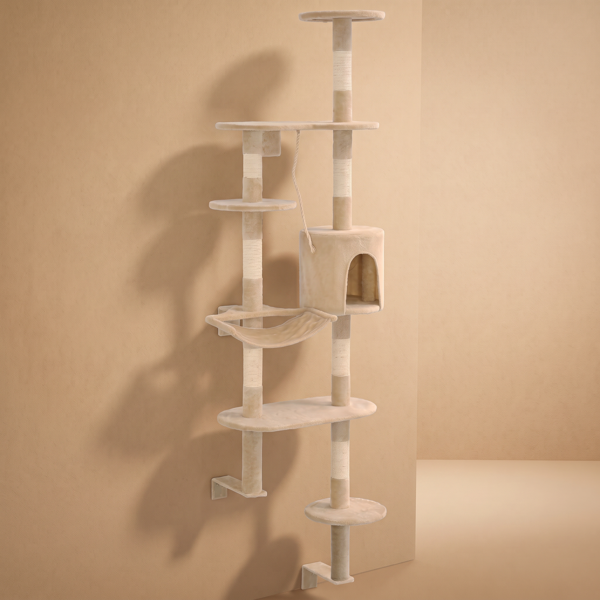 Arbre à chat mural 194 cm, beige, fixé au mur, niche