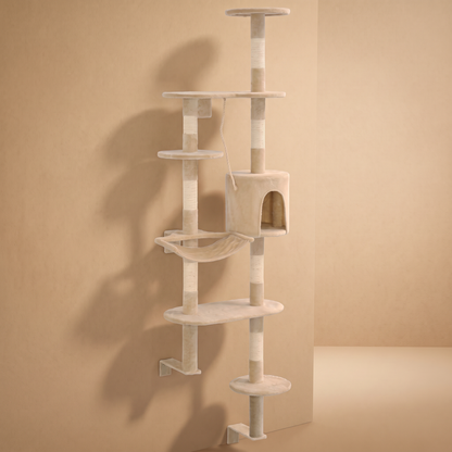 Arbre à chat mural 194 cm, beige, fixé au mur, niche