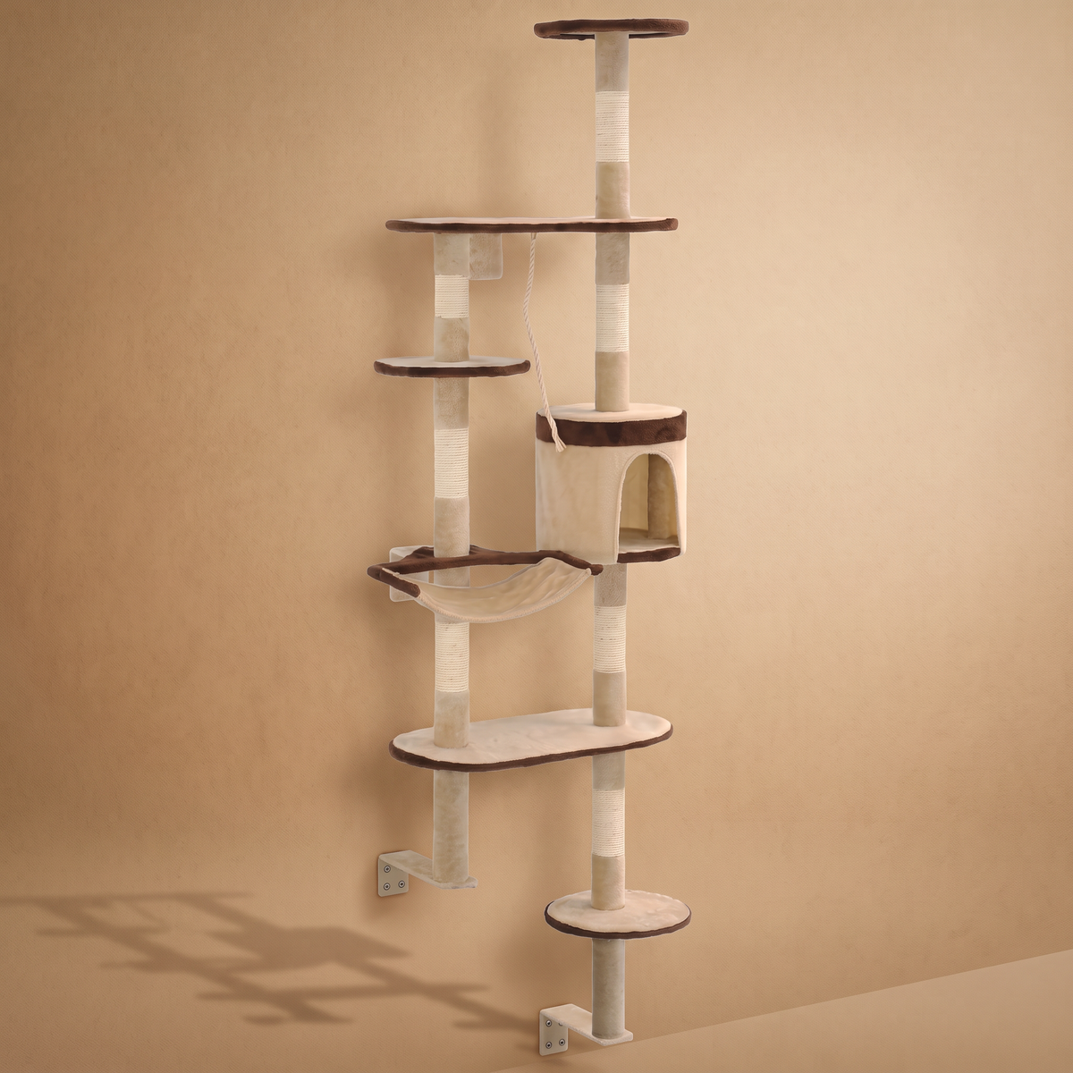 Arbre à chat mural 194 cm, beige et marron, fixé au mur, niche