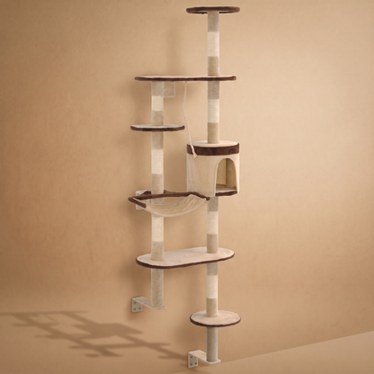 Arbre à chat mural 194 cm, beige et marron, fixé au mur, niche