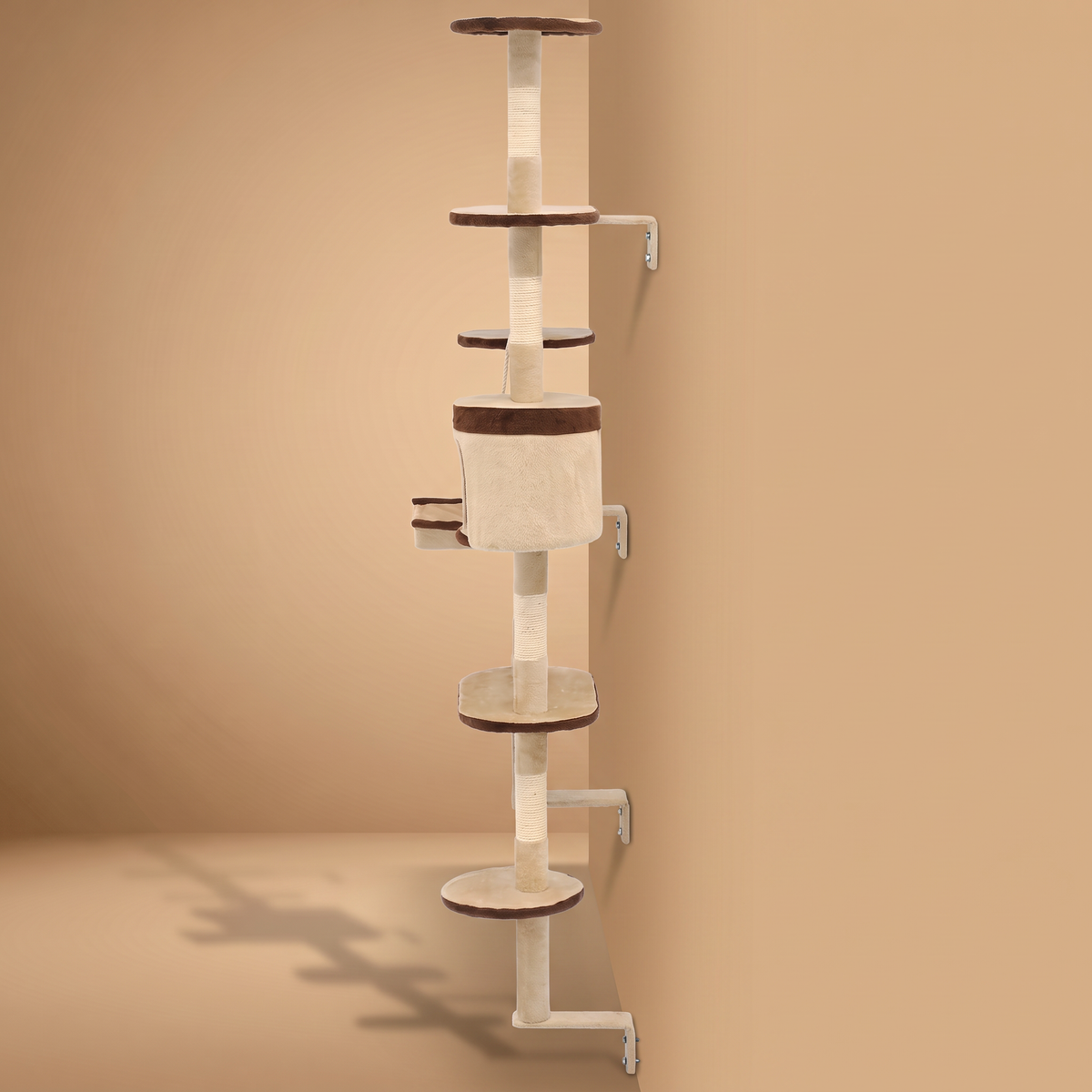 Arbre à chat mural 194 cm, beige et marron, fixé au mur, hamac