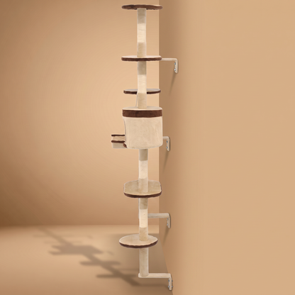 Arbre à chat mural 194 cm, beige et marron, fixé au mur, hamac