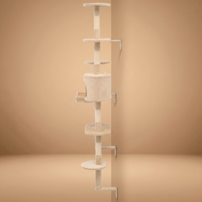 Arbre à chat mural 194 cm, beige, fixé au mur, hamac