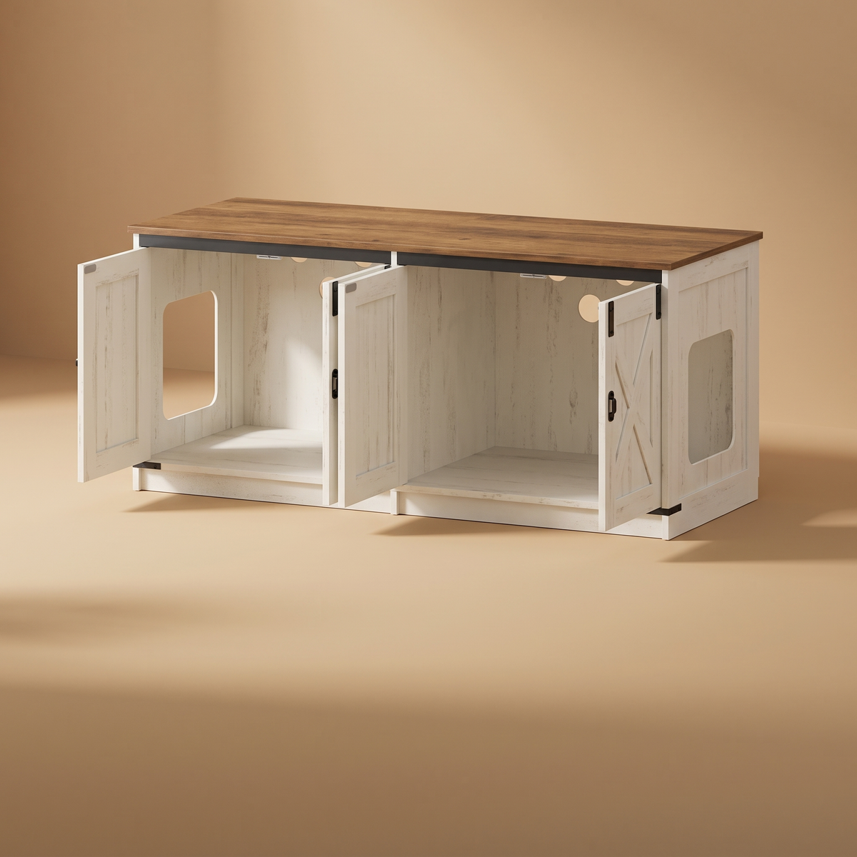 Meuble cache-litière pour chat, portes fermées