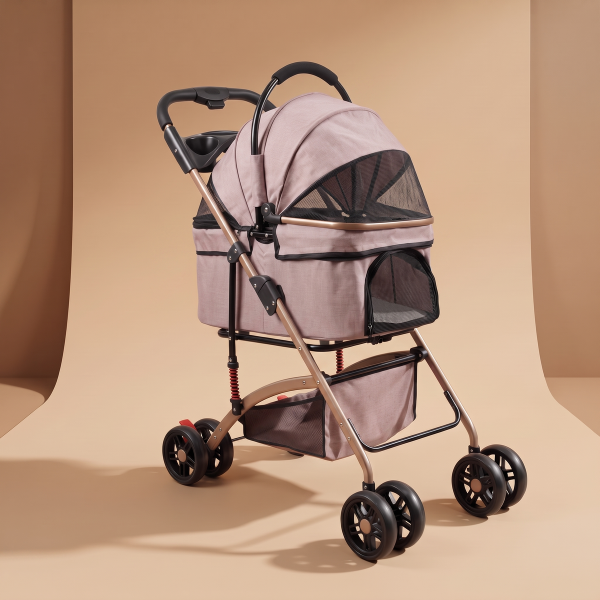 Poussette pour chien et chat 4 roues, coloris rose