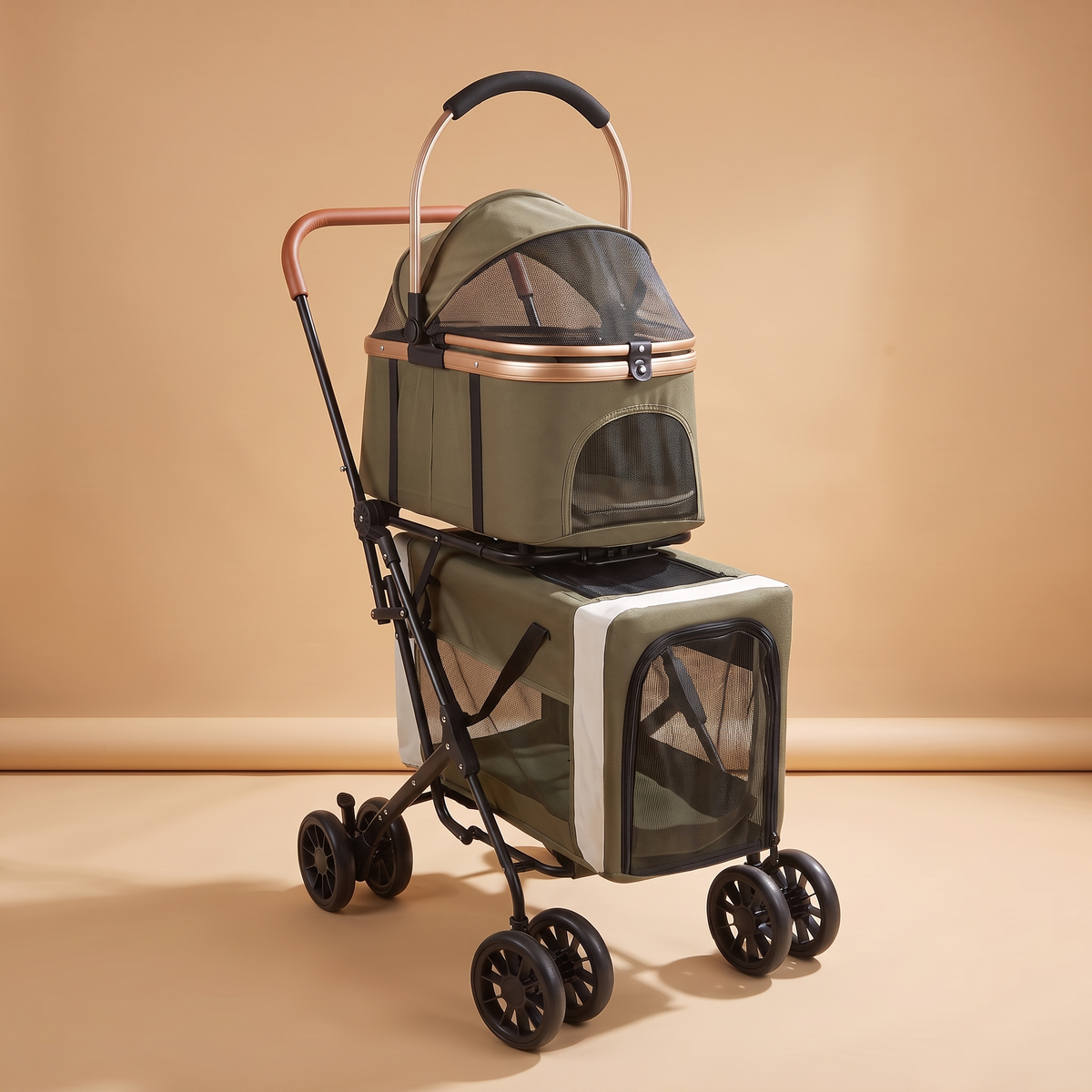 Poussette pliable 2 niveaux, coloris vert armée