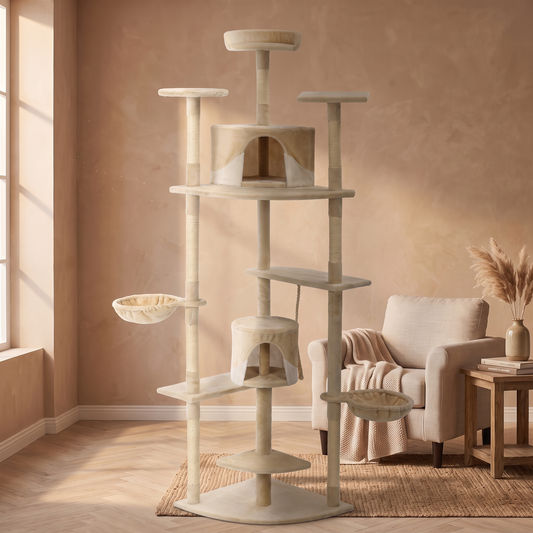 Grand arbre à chat 203 cm installé dans un salon
