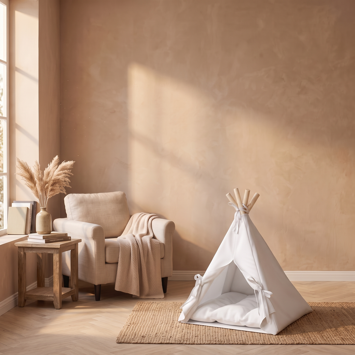 Tipi en pin massif installé dans un salon
