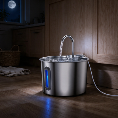 Fontaine à eau en inox posée au sol dans un coin de cuisine la nuit, fenêtre de niveau bleue allumée