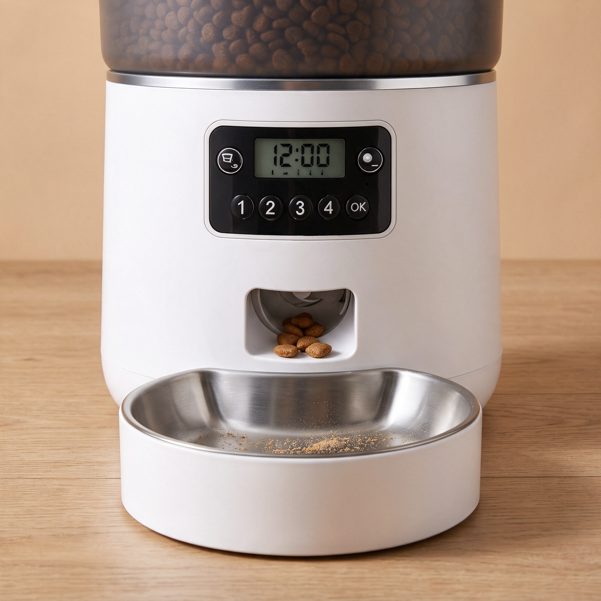 Zoom sur la gamelle en acier inoxydable du distributeur de croquettes