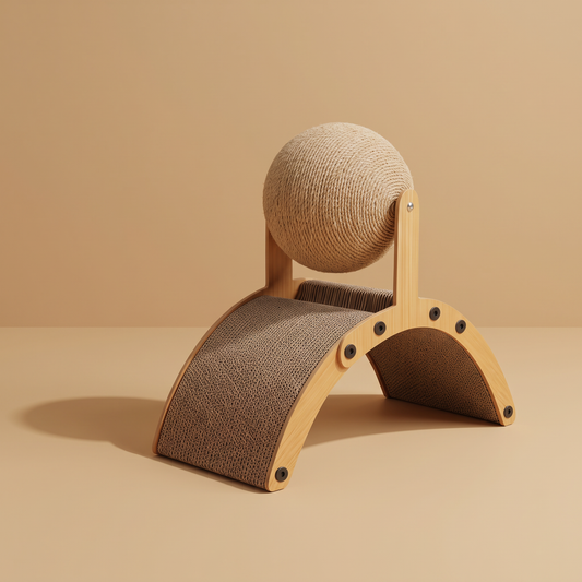 Griffoir arqué en bois et carton ondulé avec boule en sisal